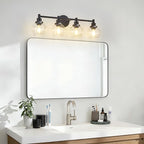 4-Light Bathroom Light Fixture Black Vanity Lights Over Mirror Modern Wall Sconce Farmhouse Vintage Bathroom Vanity Lighting with Glass Shade for Bedroom Hallway Cabinet Bathroom
