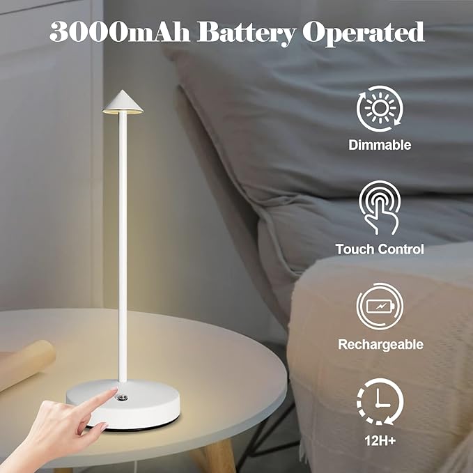Cordless Table Lamps Rechargeable,White Battery Operated Table lamp in Aluminum,Portable LED Touch 2 Levels Brightness Dimmable Bar Lamp,Battery Operated Desk Lamp for Indoor/Outdoor