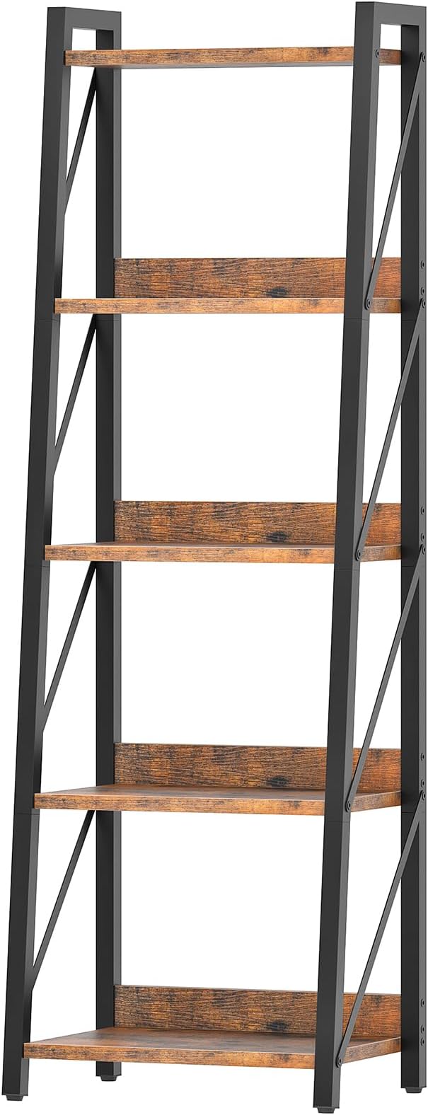 HOOBRO Ladder Shelf, 5-Tier Bookshelf, Corner Bookcase, Freestanding Storage Shelf Display Organizer, for Living Room, Bedroom, Home Office, Kitchen, Rustic Brown and Black BF305CJ01