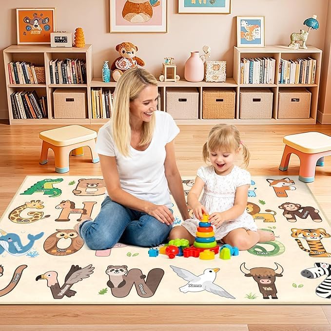 Kids Rugs for Playroom - 2.5x4 Feet ABC Rug for Toddler Children Educational Learning Animal, Alphabet Rug Kids Play Mat Nursery Bedroom Kindergarten Decor, Beige