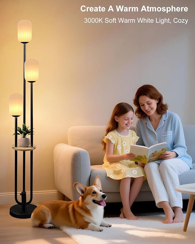 Lightdot Black Dimmable Floor Lamp with Shelf, Modern Floor Lamps with Oval Striped Lampshade& Bulb Included 3-Lights Candle Holder Style Tall Lamp for Living Room/Bedroom/Sofa Beside/Corner Decor