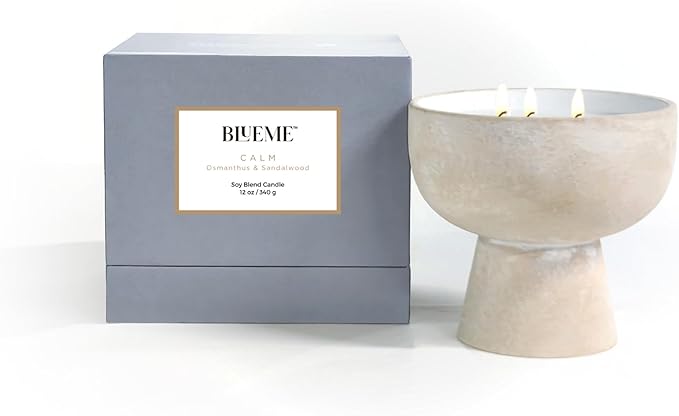 Blueme Calm Candle | Osmanthus & Sandalwood | 3 Wick - Refillable Wellness Candle with Essential Oils, Hand Finished & Poured Soy Wax Blend Ceramic Vessel, Natural Cotton Wicks | Medium 12 oz