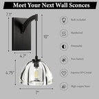 Crystal Brass Dome Wall Sconce - Luxury Matte Brushed Lighting Fixture with K9 Crystals Cloche - Set of 2 Modern Black Sconces - Dimmable Indoor Hanging Light for Bathroom Bedroom Living Room Stair