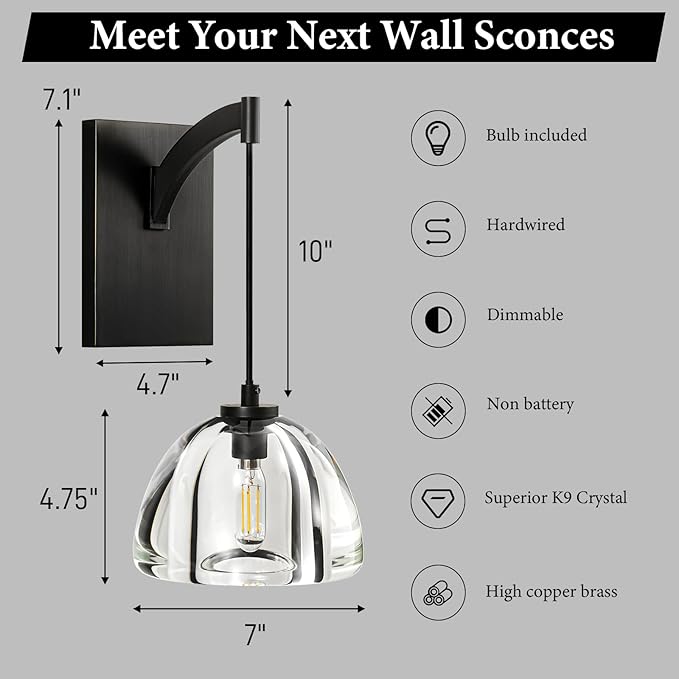 Crystal Brass Dome Wall Sconce - Luxury Matte Brushed Lighting Fixture with K9 Crystals Cloche - Set of 2 Modern Black Sconces - Dimmable Indoor Hanging Light for Bathroom Bedroom Living Room Stair