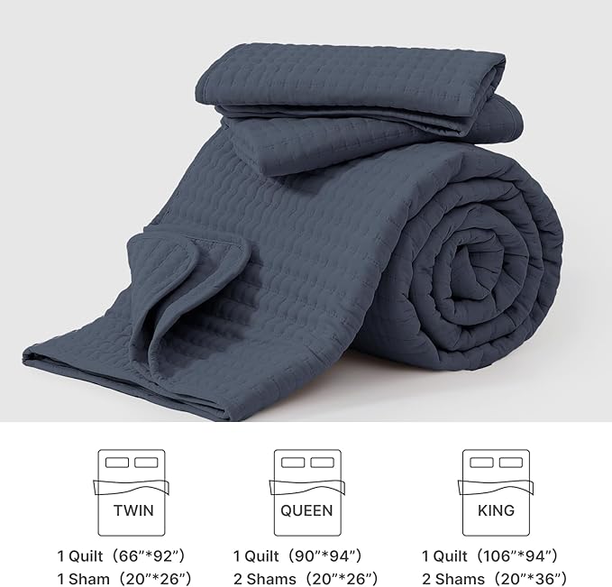 WRENSONGE Queen Quilt-3 Pieces Lightweight Bedspreads Blue Grey Queen Size Quilt Bedding Set for All Seasons, Soft Summer Coverlet with 2 Pillow Shams Suitable for Bed, Couch