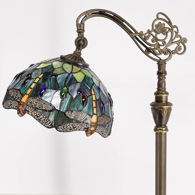 Tiffany Floor Lamp Stained Glass Lamp 18.88X12X67 Inch Angle Adjustable Arched Gooseneck Antique Reading Light (Amber Yellow Dragonfly)