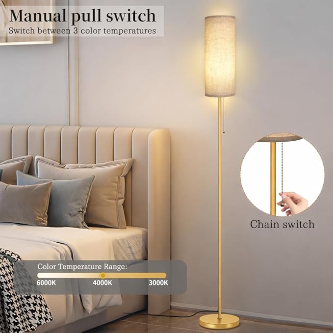 Modern Floor Lamp for Living Room, Gold Standing Lamps with 3 Color Temperatures Bulb, Minimalist Tall Lamp with Chain Switch for Bedroom, LED Bulb Included(Beige Shade+Gold)