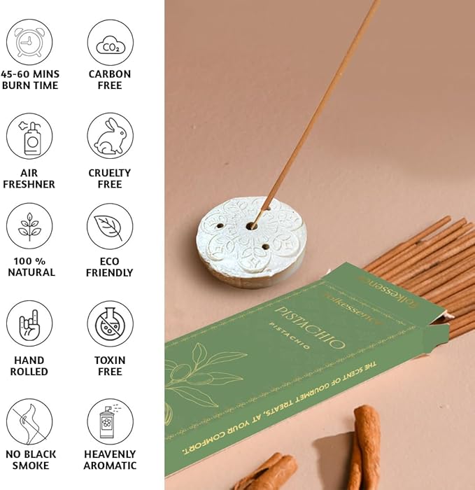 Folkulture Pistachio Incense Sticks with Holder (100 Sticks)| Pistachio Sweet Incense Stick for Meditation, Aromatherapy| No Charcoal,Organic,Non Toxic, 45 Mins, Long Burning Insence-Sticks