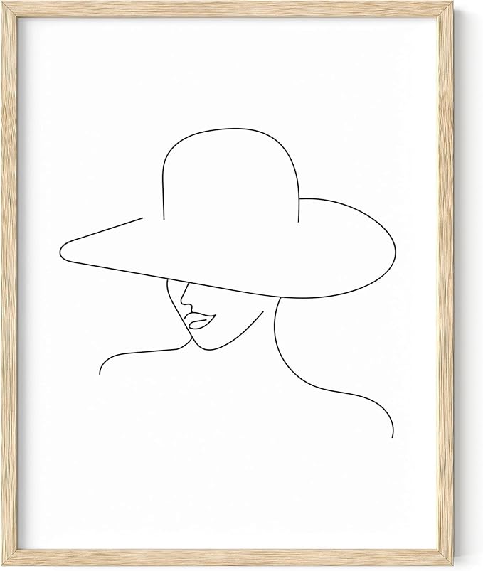 Elegant Woman in Hat Wall Art Minimalist Feminine Profile Continuous Line Drawing 11x14 Inch Oak Wood Beige Framed Chic Fashion Print for Vanity Bedroom