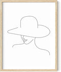 Elegant Woman in Hat Wall Art Minimalist Feminine Profile Continuous Line Drawing 11x14 Inch Oak Wood Beige Framed Chic Fashion Print for Vanity Bedroom