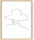 Elegant Woman in Hat Wall Art Minimalist Feminine Profile Continuous Line Drawing 11x14 Inch Oak Wood Beige Framed Chic Fashion Print for Vanity Bedroom