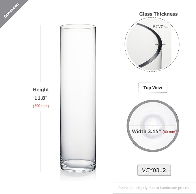 WGVI Quality Thick Weighted Clear Cylinder Glass Vases, 3" W x 12" H, Skinny Bud Vase Narrow Floral Bouquet Flower Arrangements Storage Container Candle Holders Decorative Accents, 1 Piece