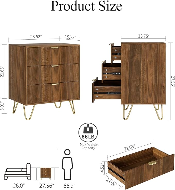 Fluted 3 Drawer Dresser for Bedroom, Modern Storage Bedroom Dresser Chest Cabinet Organizer with Anti-Tip Hardware for Living Room, Dressing Room, Kids Room, Office (Walnut)