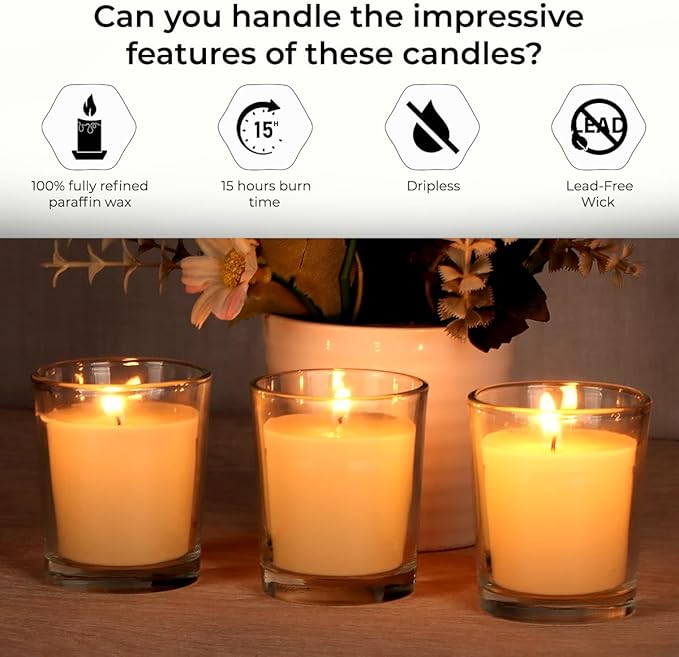Welburn Veda&Co™ Glass Votive Candles - Pack of 25, Upto 15 Hours Burn Time, 100% Fully Refined Paraffin Wax, Smokeless, Unscented, Dripless, Ideal for Spa Weddings Birthdays, Parties, Centerpieces