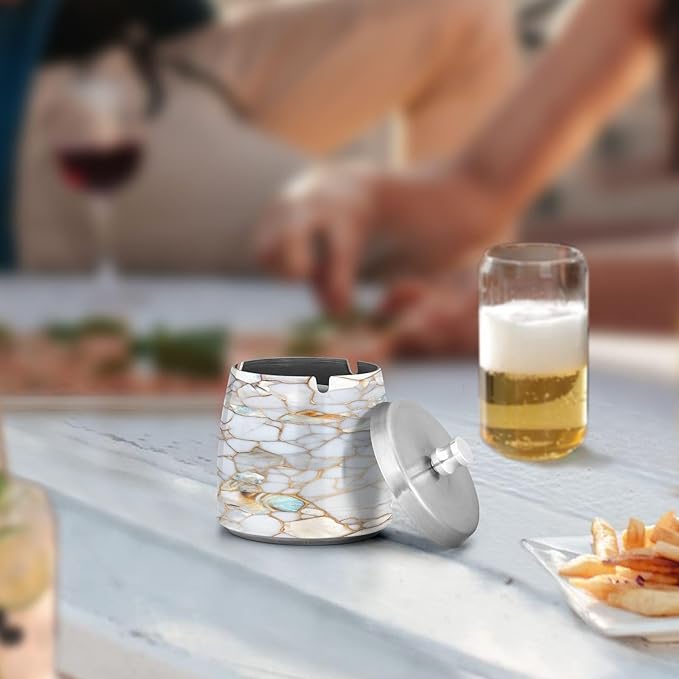 Marble Textures Ashtray with Lid, Outdoor Ashtrays for Patio, Stainless Steel Ashtray Odorless Smokeless for Home Office Balcony