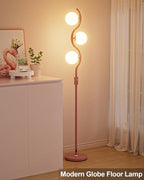 60IN Dimmable (Brightness Adjustable) Pink Floor Lamp, Modern Standing Lamps with 3 Globe Soft Warm White 3000K Bulbs, Mid Century Floor Lamp for Living Room Bedroom Home Decor