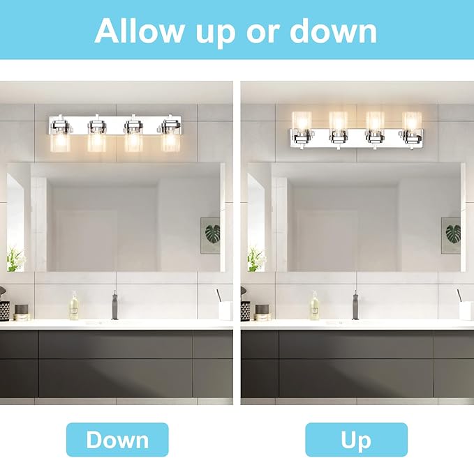 Vanity Light Fixture,4-Light Vanity Light for Bathroom,Chrome Bathroom Vanity Lighting Over Mirror with Square Clear Glass Shade for Restroom
