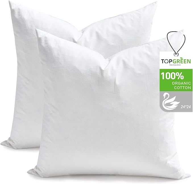 Feathers Down Throw Pillow Inserts 24x24, Set of 2, 100% Organic Cotton Shell, Soft Decorative Square Pillow Insert for Living Room Sofa, Couch, or Bed (White)
