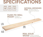 Homeforia 60 inch Wood Floating Shelf, High End Solid Natural Long Wood Shelf for Wall 60 inches, Unfinished Wooden 60inch Large Floating Shelves, Heavy Duty Bracket, 60 X 6.5 X 1.75 in, Set of 2