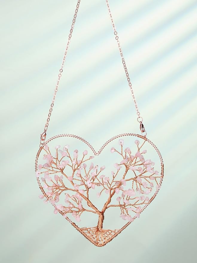 Jovivi Rose Quartz Heart Crystal Tree Hanging Ornament Healing Crystals Stones Gemstone Room Bedroom Wall Home Yoga Decor for Feng Shui Meditation Christmas Tree Ornament