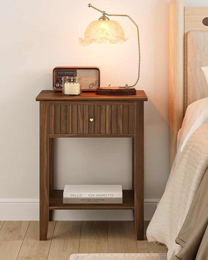 Fluted Nightstand, Farmhouse Night Stand with 1 Drawers, Mid Century Modern Side Accent Table,Bedside End Table for Bedroom, Living Room, Brown