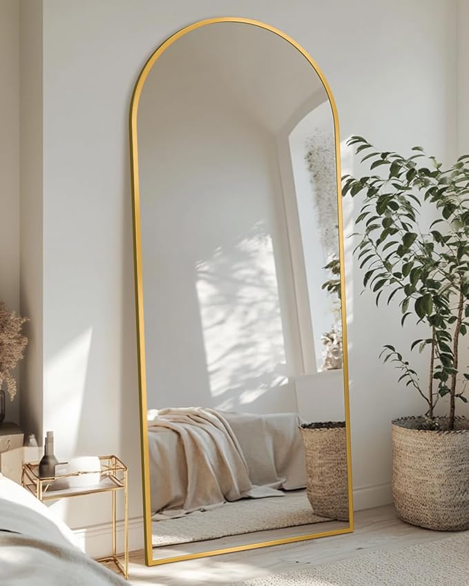 Full-Length Floor Mirror with Stand, 58"x19" Arched Style Full Body Standing Mirror for Bedroom, Living Room, Gym, Dorm - Shatter-Resistant & Easy Assembly, Gold