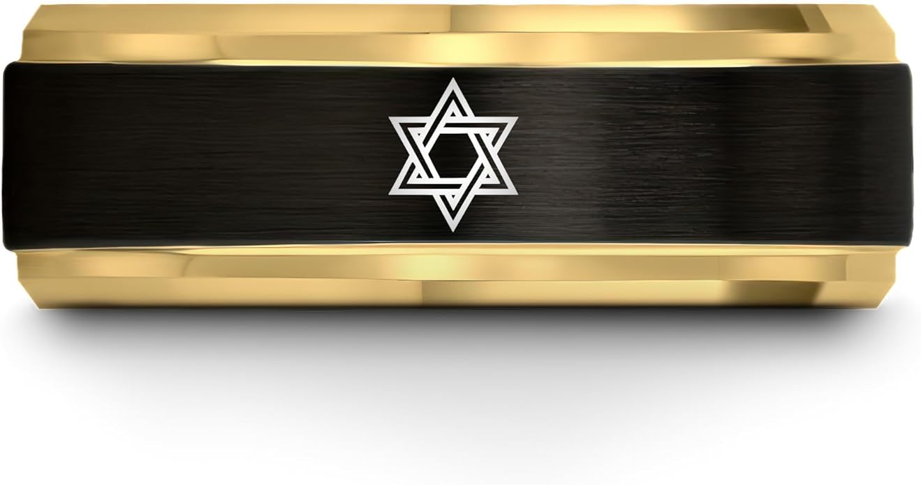 Mezuzah star Of David Ring - Gift for Jewish Family - Flat Dome Bevel - 8mm - Men Women - Yellow Gold Black Silver Blue - Anniversary Wedding - Personalized Custom Engraving - Band - Brushed Polished