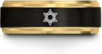Mezuzah star Of David Ring - Gift for Jewish Family - Flat Dome Bevel - 8mm - Men Women - Yellow Gold Black Silver Blue - Anniversary Wedding - Personalized Custom Engraving - Band - Brushed Polished