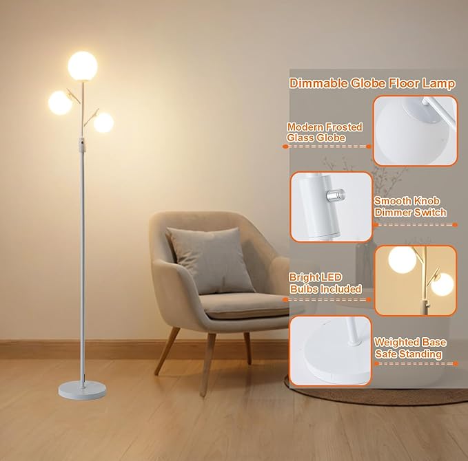 Fiqevs Dimmable White 3 Globe Floor Lamp with Frosted Glass Orb Shades and Bulbs Included, Elegant Mid Century Modern Standing Lamps, Tall Pole Light for Living Room Bedroom Office