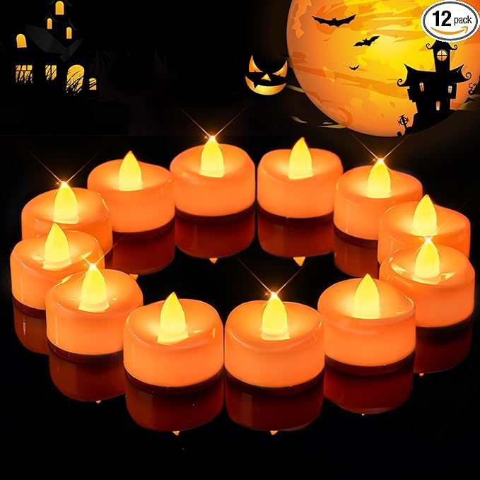 Halloween Flameless Candles, 12-Pack Orange Tea Lights Candles Battery Operated, LED Pumpkin Lights Flickering, Electric Fake Tealight Candles, 1.5'' D X 1.25'' H