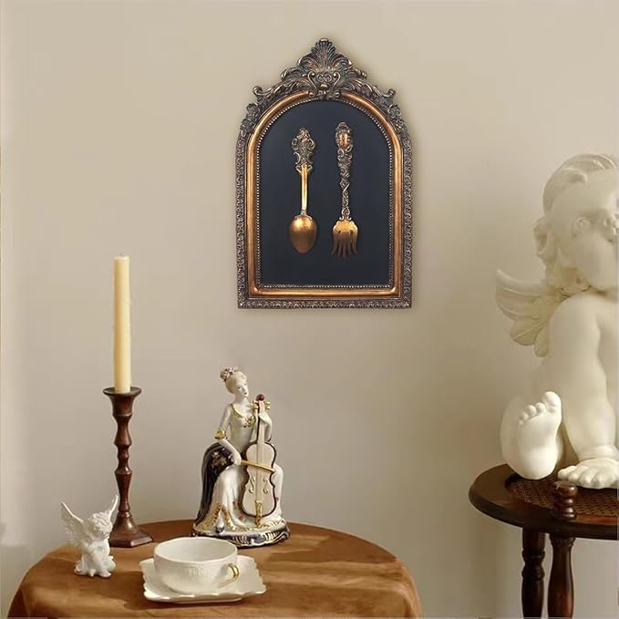 S-MANTIS Vintage Wall Sculpture,Antique Pediment,Hallway Wall Art, Hand Painted Wall Decoration With Embossed Intricate Spoon and Fork Design, Arched Aesthetic Room Décor, Gallery, Unique Gift