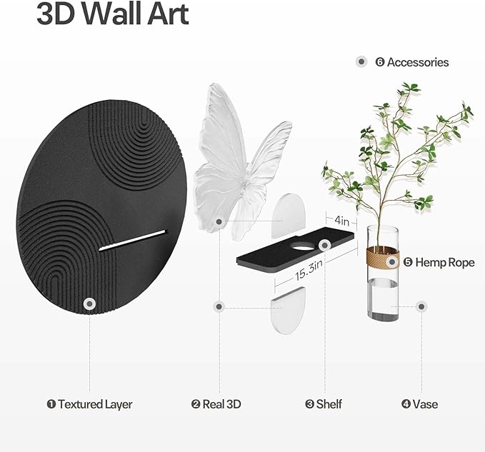 Troartos 3D Textured Black and White Wall Art for Living Room, Modern Minimalist Butterfly with Vase Artwork for Walls, Geometric Round Sandstone Wall Decor for Bedroom, Hallway, Dining Room, Office