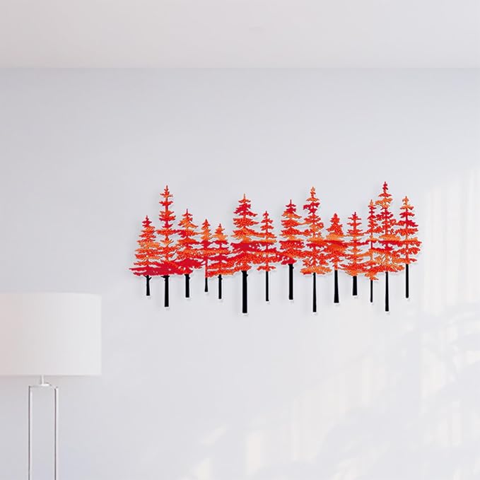 Metal Pine Tree Wall Art Decor Nature Home Decor Cedar Trees Metal Sign Wall Decorations for Living Room, Forest Decor, Nature Lover Gift (Black Red)