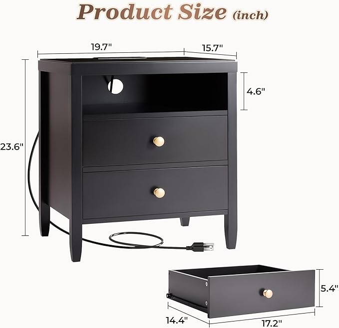 Huuger Black Nightstand Set of 2, Night Stand with Charger Station, Bedside Table with 2 Drawers, Bed Side Tables for Bedroom, Modern Nightstands, Metal Knobs, Painted Surface | with Charger Station, 2 Drawers, Bed Side Tables, for Bedroom, Metal Knobs...