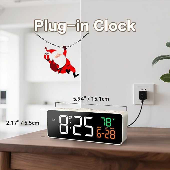 Netzu 3-in-1 Small Digital Clocks for Living Room with Temperature, Date & Time Display - 4 Levels Birghtness, 3 Volumes, Compact Plug-in Alarm Clock for Bedroom, Office (White)