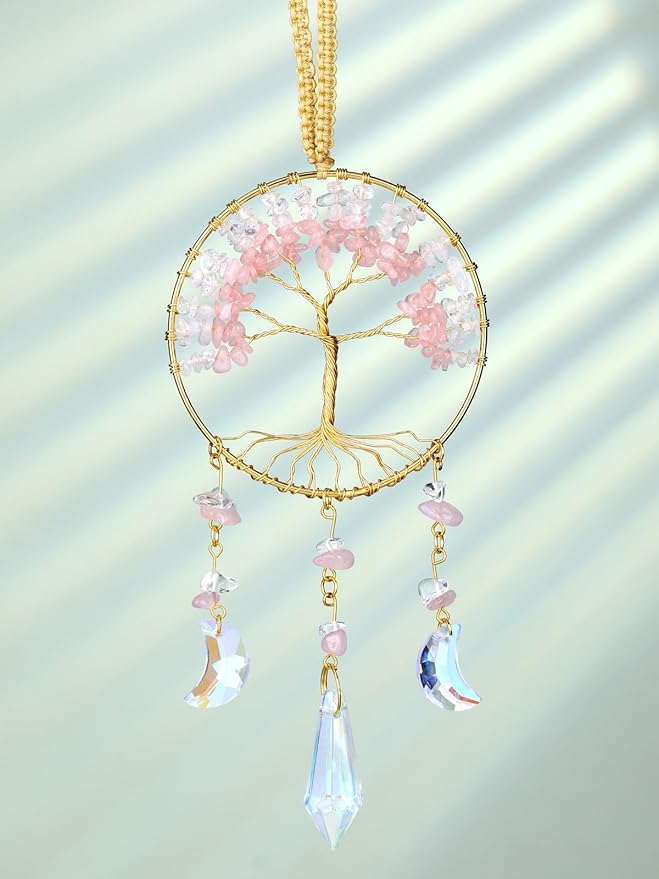 CrystalTears Crystal Tree Life Hanging Ornament Handmade Rose Quartz Clear Quartz Healing Crystal Gemstone Glass Suncatcher for Home Window Wall Decoration Crystal Gifts for Women Men Friends
