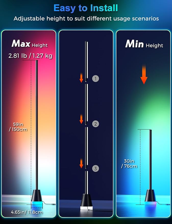 RGB Floor Lamp, Smart LED Corner Lamp for Living Room Bedroom, 16 Million DIY Colors Standing Lamp with Music Sync App & Remote Control, Cool Modern Mood Light Ambient Lighting, Black