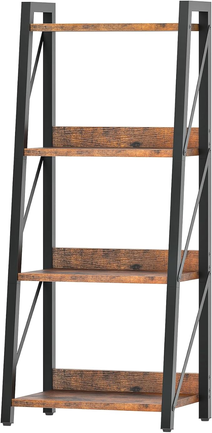 HOOBRO Ladder Shelf, 4-Tier Bookshelf, Corner Bookcase, Freestanding Storage Shelf Display Organizer, for Living Room, Bedroom, Home Office, Kitchen, Rustic Brown and Black BF304CJ01