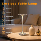Rechargeable Cordless Table Lamp,Portable Outdoor Battery Operated LED Table Light Touch Control 3 Color Dimmable for Bedroom, Patio, Cofee,Dining Home,Restaurant&Living Room-Silver