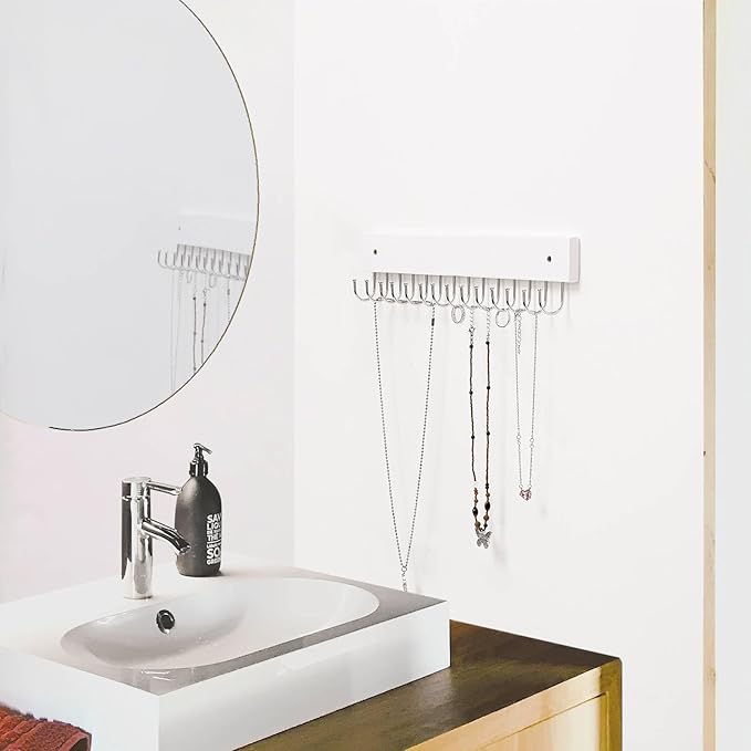 Hanging Jewelry Organizer Wall Mounted, Modern Jewelry Display with 28 Hooks, Decorative Necklace Holder for Wall, Space Saving Necklace Hooks, (2 Packs, White)