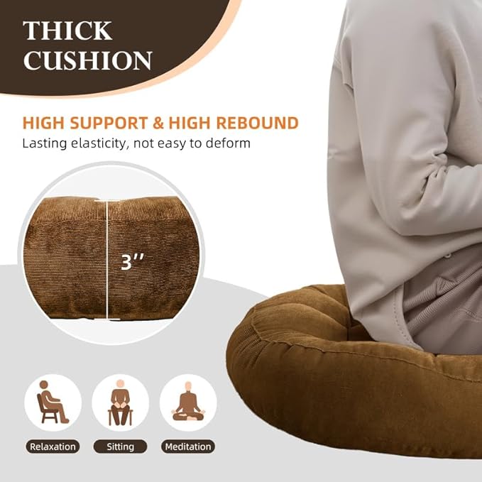 Meditation Floor Pillow Set of 2 Large Round Floor Cushions for Adults Tufted Corduroy Floor Seat Pillows Cushion for Living Room,Wine Red 16.5" Lx16.5 Wx3 H