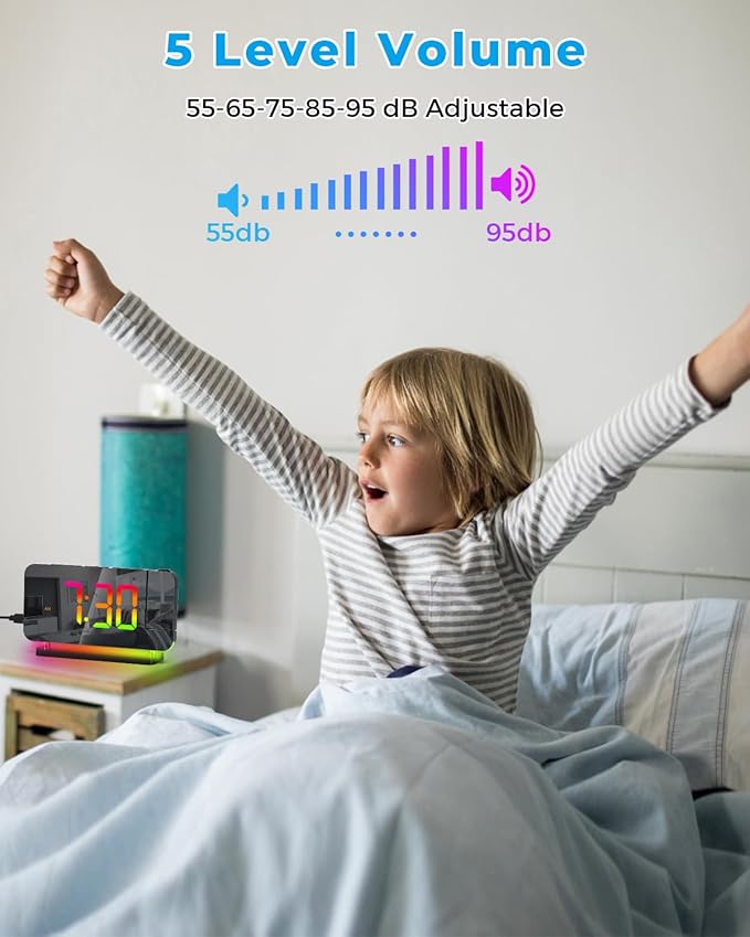 SZELAM Projection Alarm Clock, 7.4 in Digital Mirror Clocks,with 180° Rotatable Projector, RGB Night Light,USB C Charger Port, Auto Dimmer, LED Desk Clock for Bedroom - Black