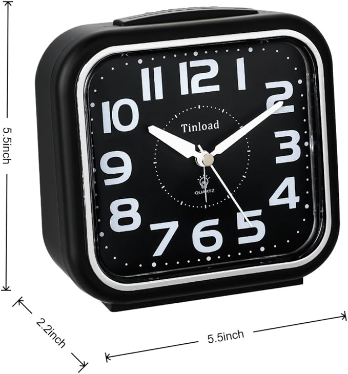 5.5" Large Analog Alarm Clock Silent Non Ticking, Gentle Wake, Beep Sounds, Increasing Volume, Battery Operated Snooze and Manual Light, Easy Set, Black (Best for Elder)