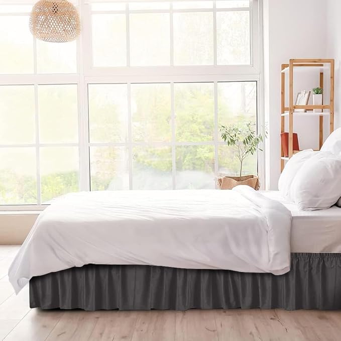 Wrap Around Dust Ruffle Bed Skirt - Charcoal - for Queen Size Beds w/ 15 Inch Drop - Easy Fit Elastic Strap - Adjustable Pleated Bedskirt w/Brushed Fabric - Wrinkle Free - Women, Men, Kids & Teens