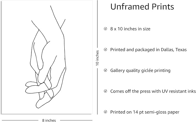 Y2K BOO Holding Hands UNFRAMED Wall Art Interlocking Fingers Connection Continuous Line Drawing 8x10 Inch Heavyweight Paper Modern Studio Decor