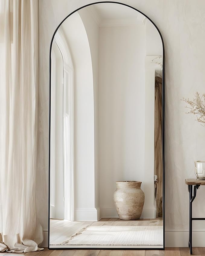 Full Length Mirror, 58"x21" Oversized Floor Mirror Freestanding, Full Body Mirror Floor Standing Mirrors with Stand, Hanging Mounted Mirrors for Bedroom Living Room, Black, Arched Style