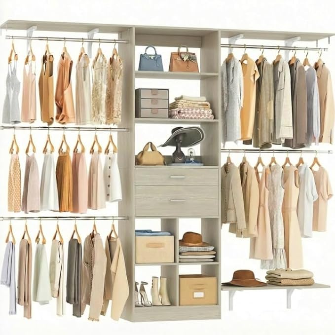 8FT Closet System - 96" Closet Organizer System with Wooden Drawers,Closet Systems for Walk-In Closets with Cuttable Hanging Shelving, Greige Oak