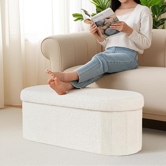 43.3 Inches Collapsible Ottoman with Storage, Bench with Storage Ottoman for Living Room, Bedroom & Entryway-Cream White