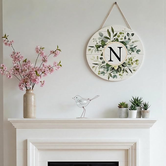 Smile Monogram Letter N Wreaths Wooden Welcome Sign, Family Last Name Initial Front Door Wall Decoration, Floral Spring Summer Porch Rustic Home Kitchen Decor