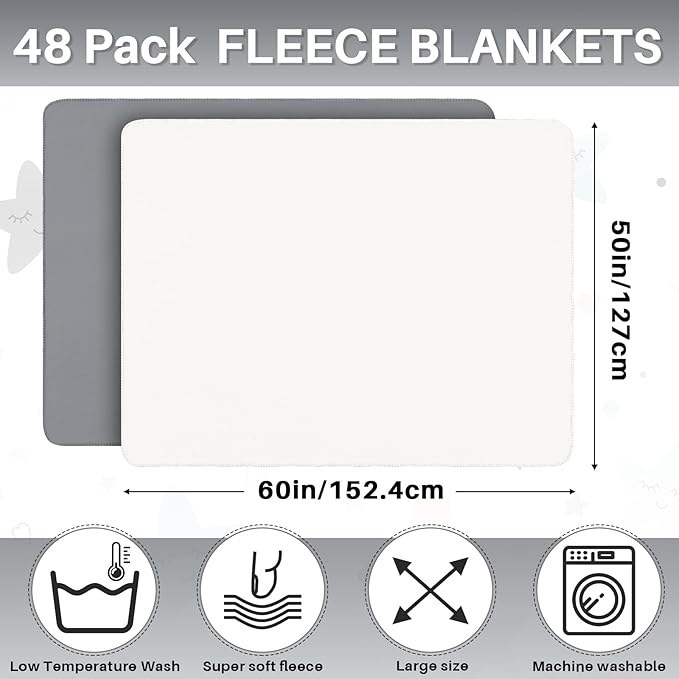 Newwiee 48 Pcs Fleece Throw Blankets Bulk 50'' x 60'' Oeko-tex Standard 100 Certified Spring Outdoor Wedding Guest Blankets Lightweight for Sleepover Donation Lap Pet Sofa Home (White/Gray)